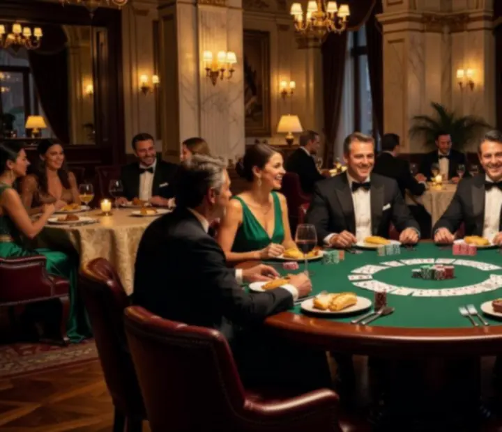 Vista cinematográfica de un salón de restaurante y poker de lujo en Buenos Aires.