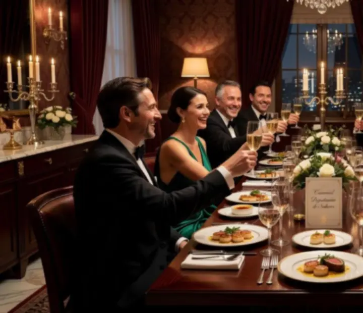 Cena festiva en un restaurante elegante con luces cálidas y ambiente social animado