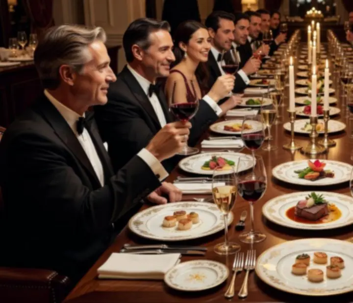 Mesa de cena gourmet con platos de autor y copas iluminadas suavemente