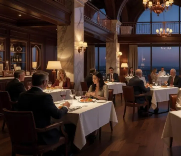 Restaurante de lujo por la noche con comensales disfrutando de una cena y un lounge de póker elegante