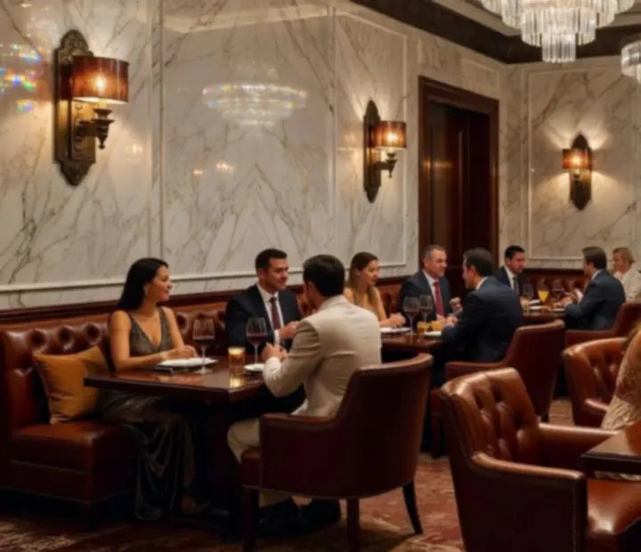 Interior lujoso con mármol, bronce y detalles de iluminación cálida en un restaurante de alta gama
