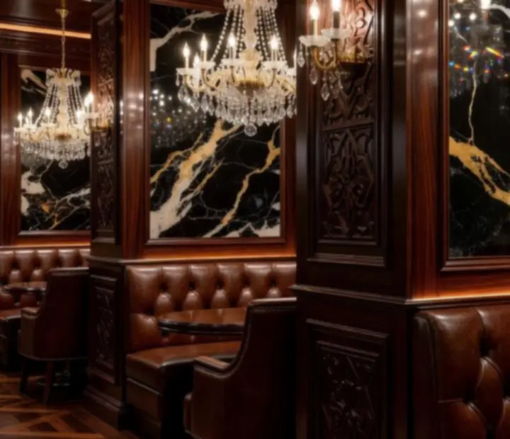 Detalles arquitectónicos de un interior sofisticado con madera oscura, luz cálida y texturas nobles.