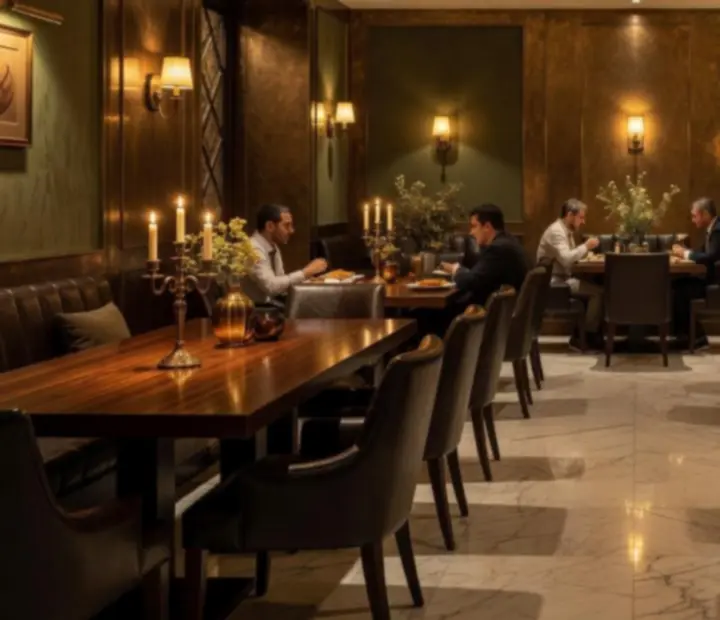 Interiores de lujo del restaurante Bodegonycartas con madera pulida, mármol y butacas de cuero