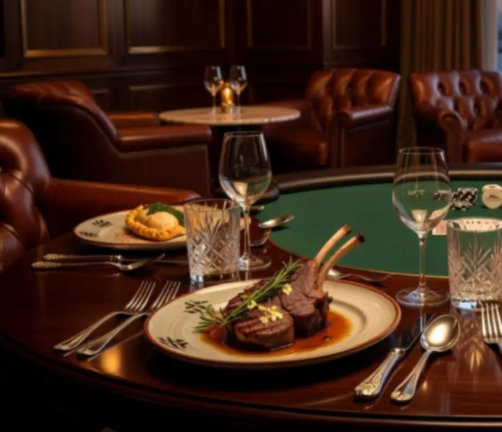 Platos gourmet servidos en el lounge acompañados de copas de vino y luz tenue.