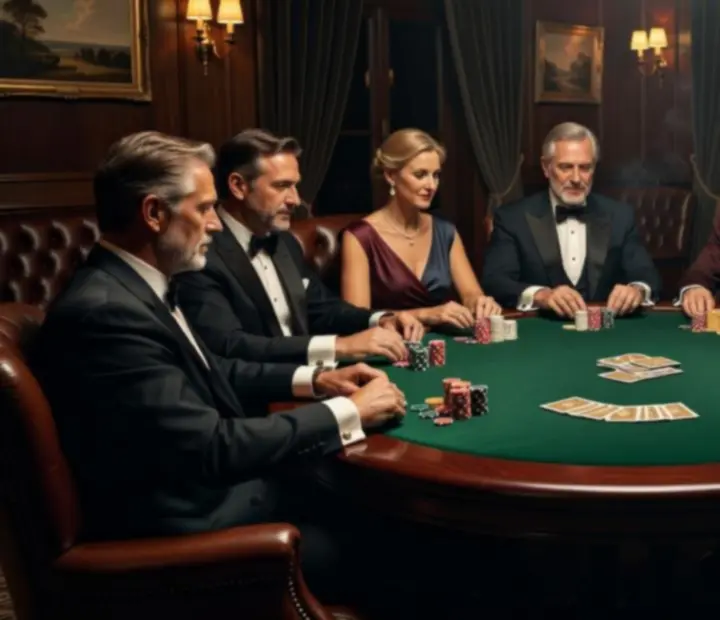 Lounge privado de póker con jugadores concentrados alrededor de una mesa elegante