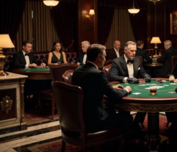 Interior del poker lounge con madera oscura, mármol y luz cálida