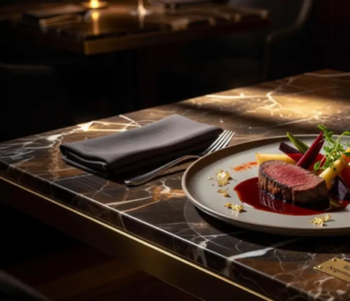 Plato gourmet de autor servido en vajilla elegante en un restaurante de lujo