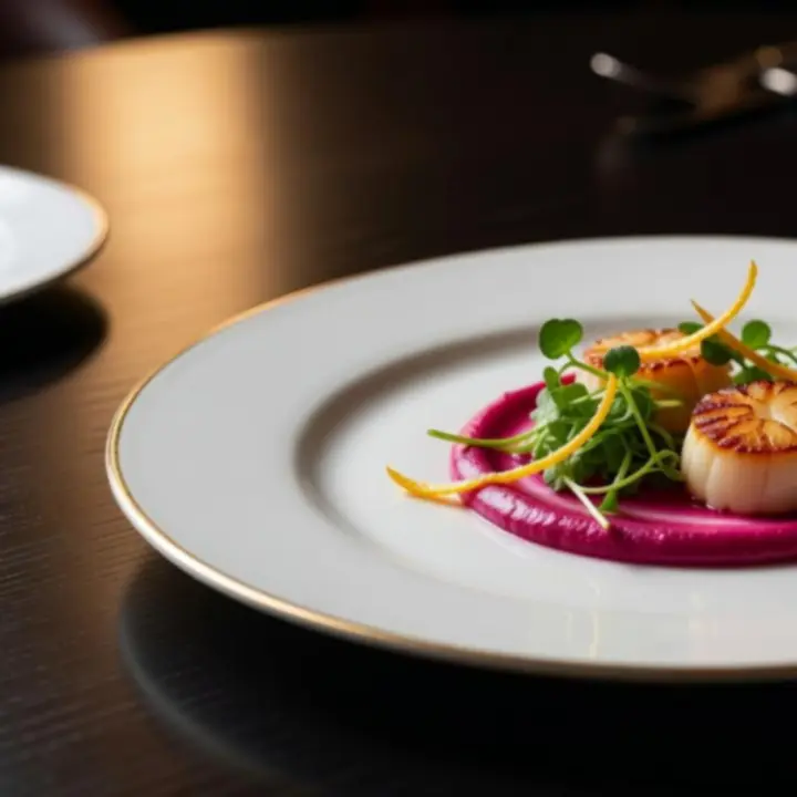 Platos firma de cocina artística con carnes premium, mariscos frescos y presentaciones escultóricas