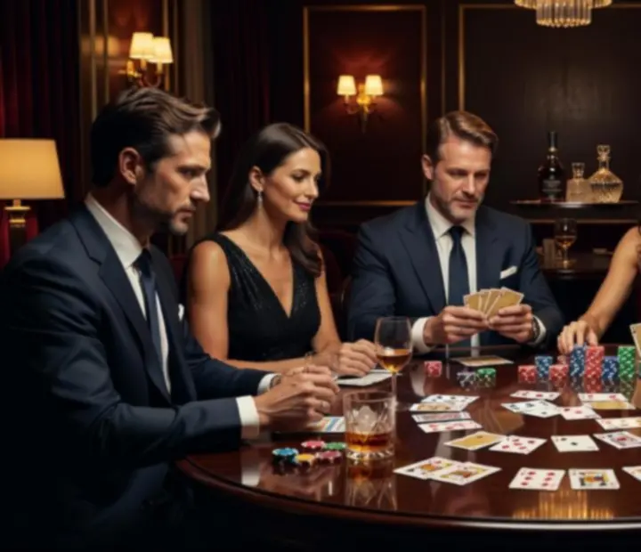 Jugadores concentrados en una mesa de poker de lujo con copas y fichas brillando bajo una luz cálida.