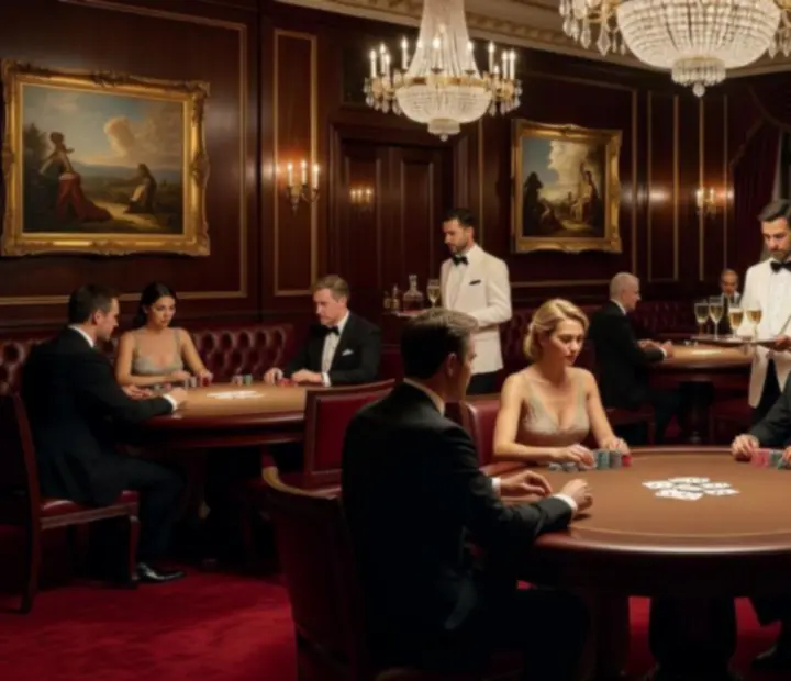 Salón de poker elegante con mesas iluminadas y comensales disfrutando en Bodegonycartas