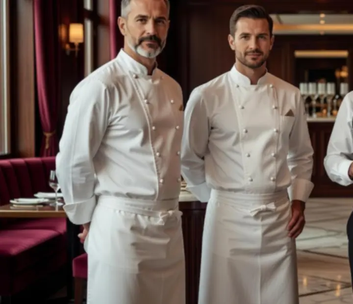 Retrato de equipo de cocina, sommeliers y anfitriones en un entorno de restaurante de lujo