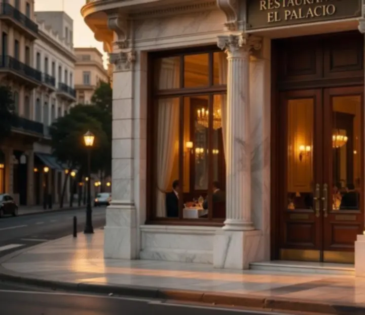 Fachada de Bodegonycartas al atardecer con iluminación cálida y ambiente sofisticado