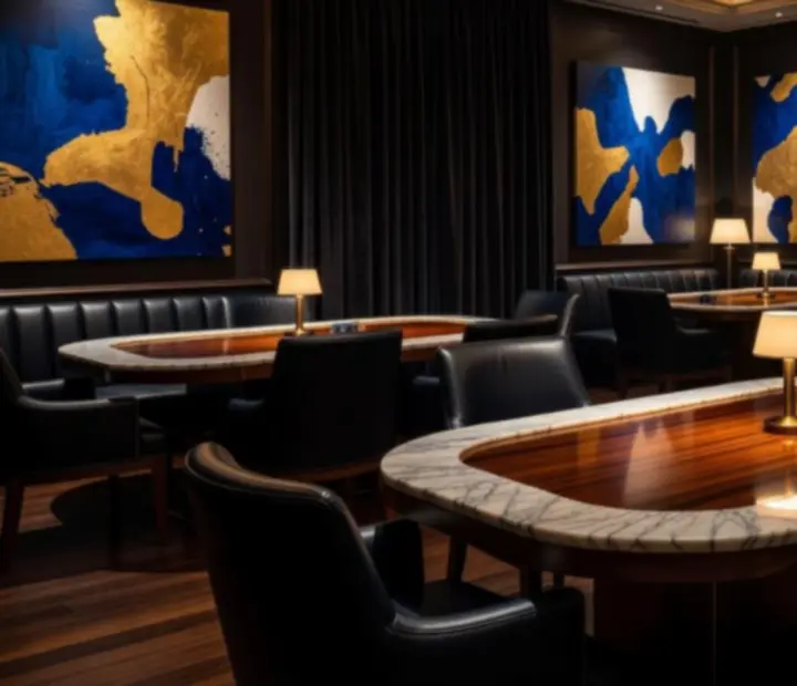 Salón de torneos de poker con mesas de caoba, luz cálida y detalles de lujo en Bodegonycartas.