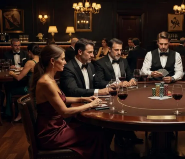 Mesa de torneo de poker de lujo con fichas y cartas iluminadas por luz cálida en Bodegonycartas