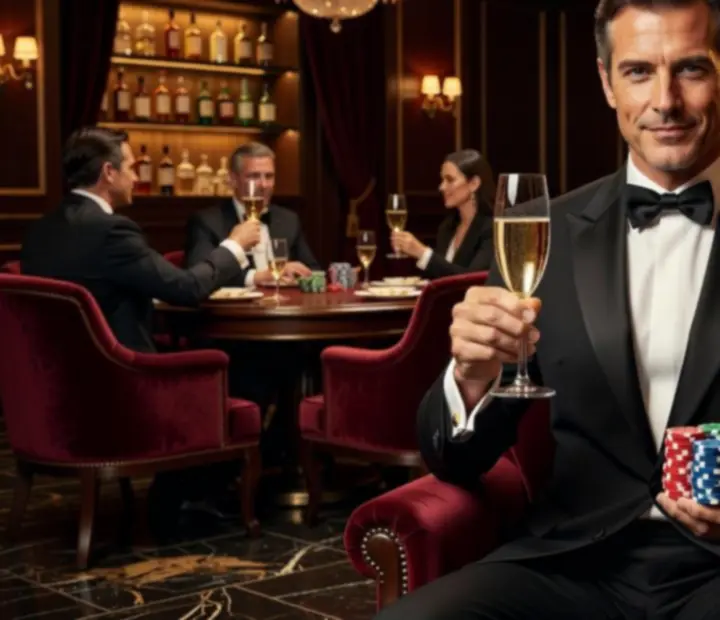 Retrato elegante de un ganador de torneo de poker sosteniendo fichas y una copa en un salón de lujo.