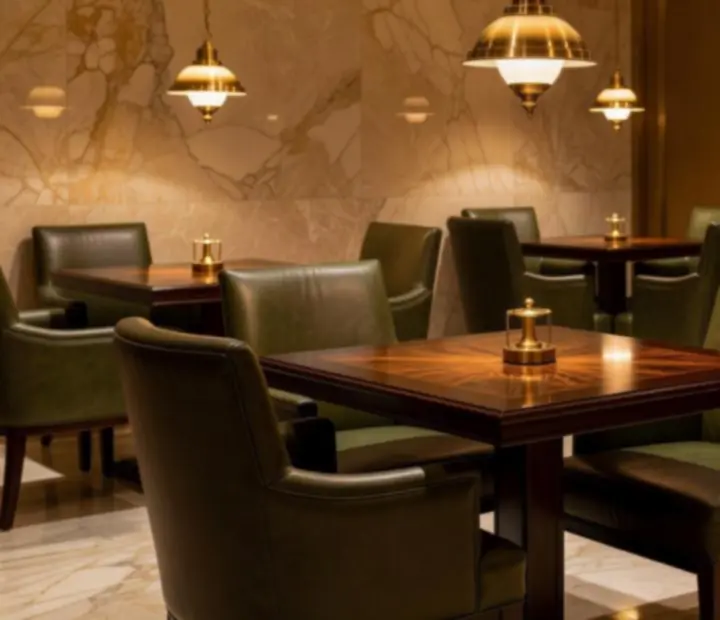 Salón privado VIP con mesas de poker, detalles en cuero y mármol, e iluminación cálida