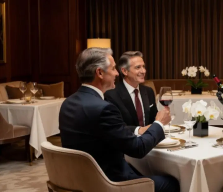 Servicio personal VIP atendiendo a socios en un ambiente elegante de restaurante y poker lounge